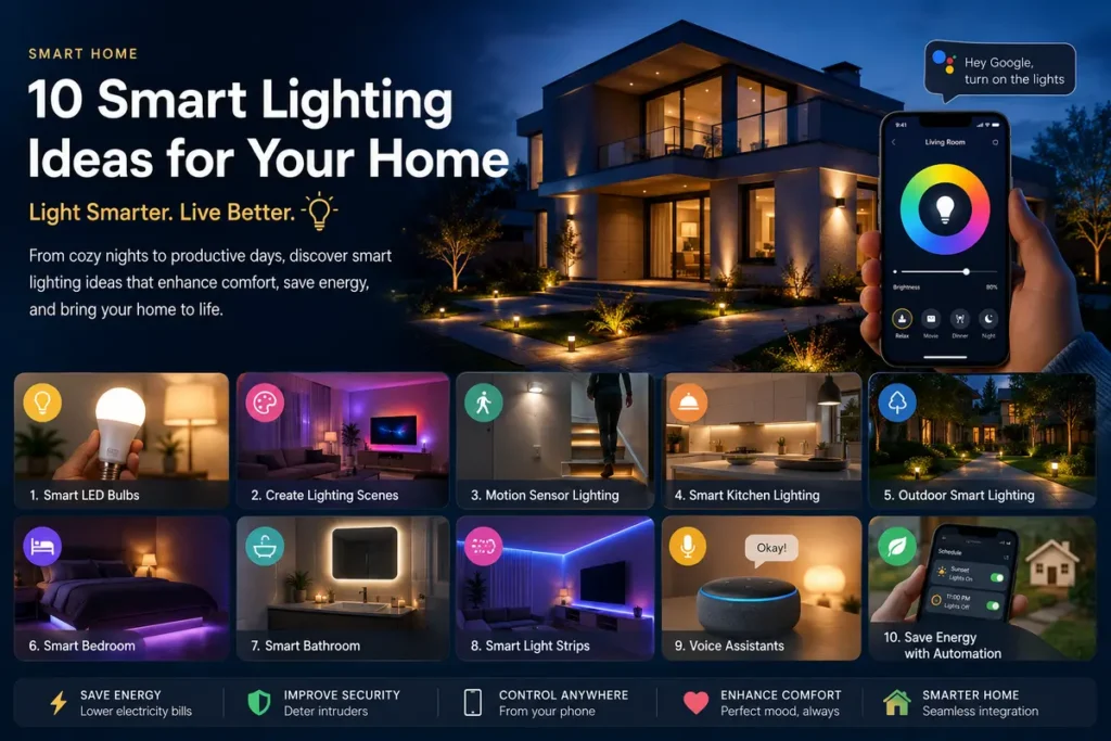 Smart Lighting ideas for a modern home with automated LED lights, voice control, and smartphone automation.