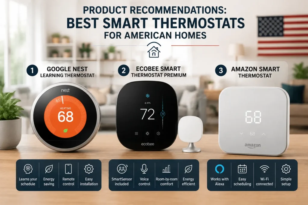 Traditional Thermostat vs Smart Thermostat  Product Recommendations Best Smart Thermostats for American Homes  1. Google Nest Learning Thermostat 2. ecobee Smart Thermostat Premium  3. Amazon Smart Thermostat