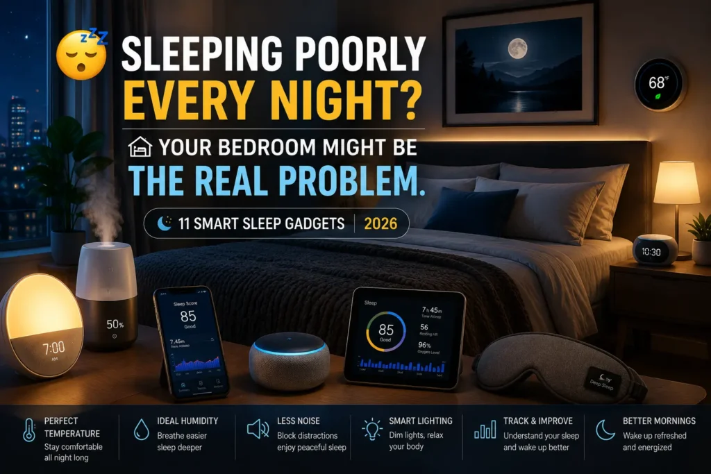 Smart Sleep Gadgets in a modern smart bedroom with a wake-up light, humidifier, thermostat, and sleep tracker improving sleep quality