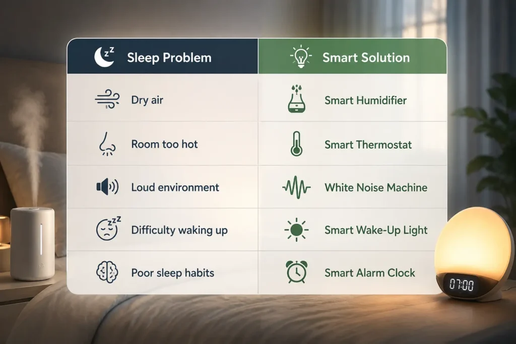 🏆 11 Smart Sleep Gadgets That Actually Help You Sleep Better in 2026 _ Table 1 — Common Sleep Problems & Smart Solutions