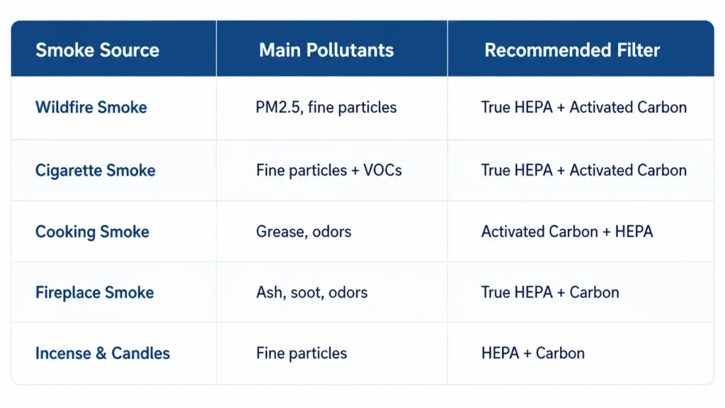 7 Best Air Purifiers for Smoke That Actually Work in 2026 _ Table 1 – Different Types of Smoke and the Best Filter