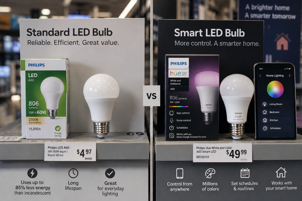 Comparing the upfront price of standard LED and smart LED bulbs.