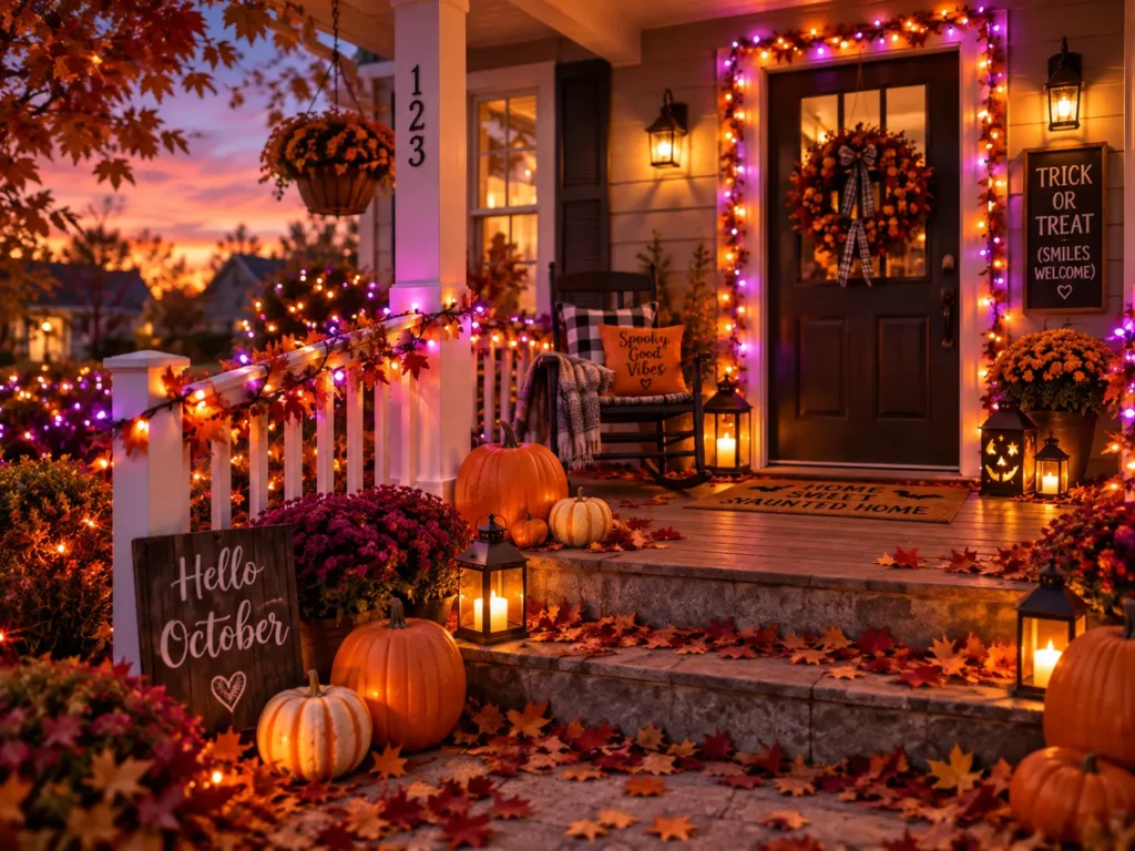 Halloween String Lights 5 Easy Ways to Make Your Home Feel Magical Orange and purple seasonal lights on a cozy decorated front porch.