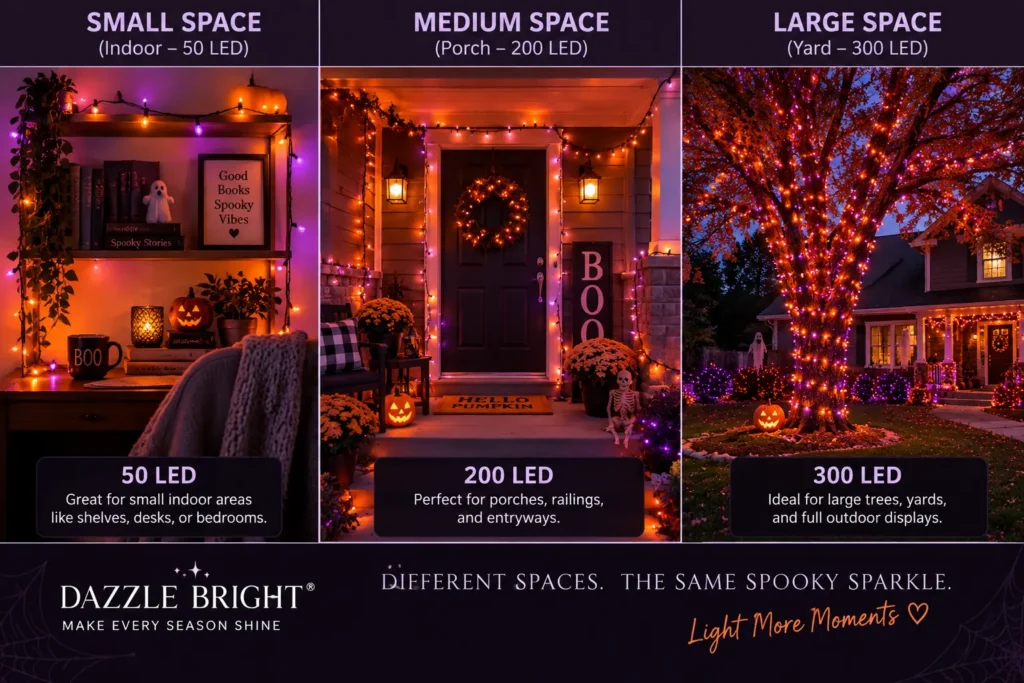 Halloween light length guide for indoor and outdoor spaces.