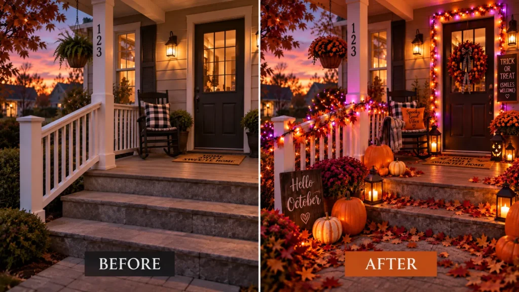 Halloween String Lights 5 Easy Ways to Make Your Home Feel Magical  Before and after Halloween porch lighting transformation.