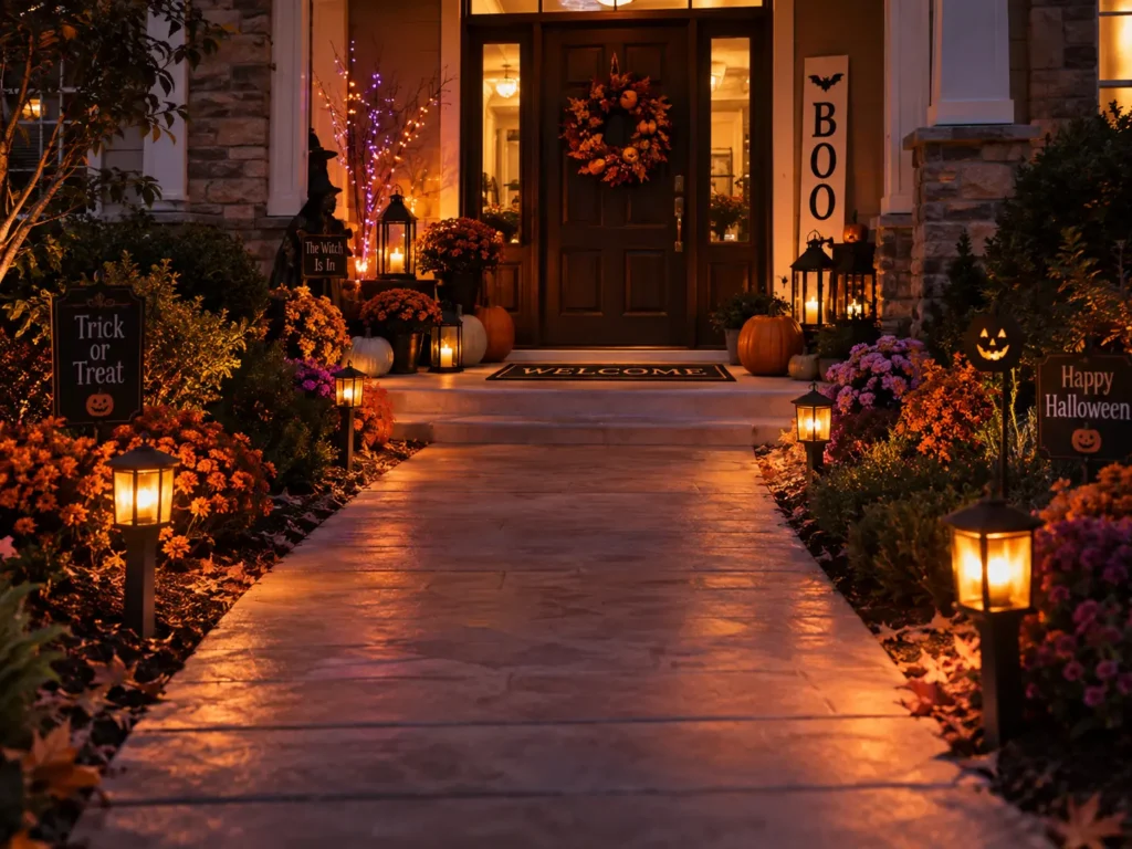 Halloween walkway lighting leading guests toward the front door.