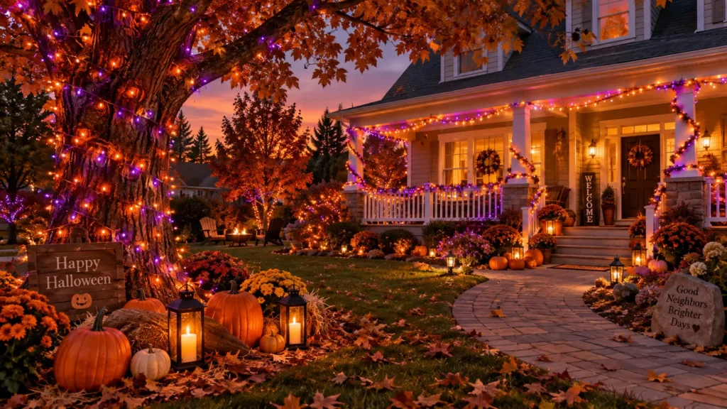 Halloween String Lights 5 Easy Ways to Make Your Home Feel Magical4 DAZZLE BRIGHT 300 LED style lights across a large Halloween yard display.