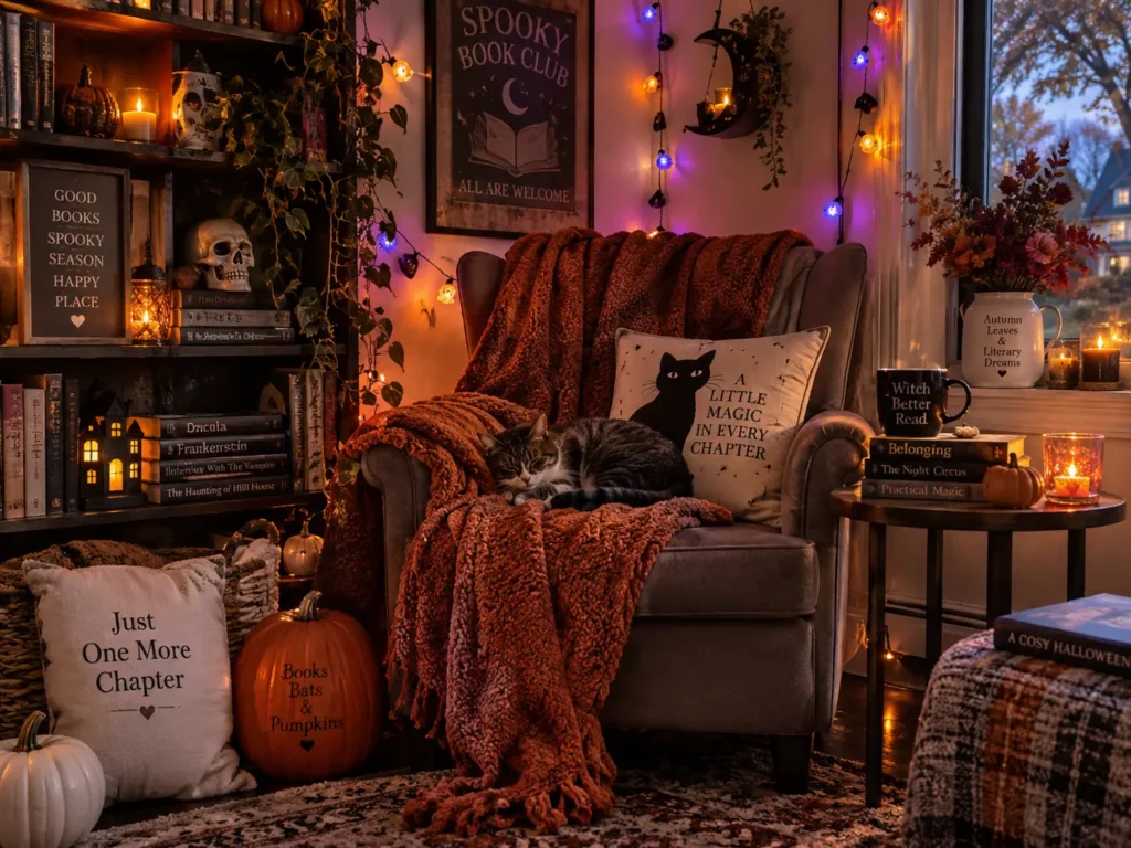 Purple and orange Halloween lights in a cozy indoor corner.Halloween String Lights 