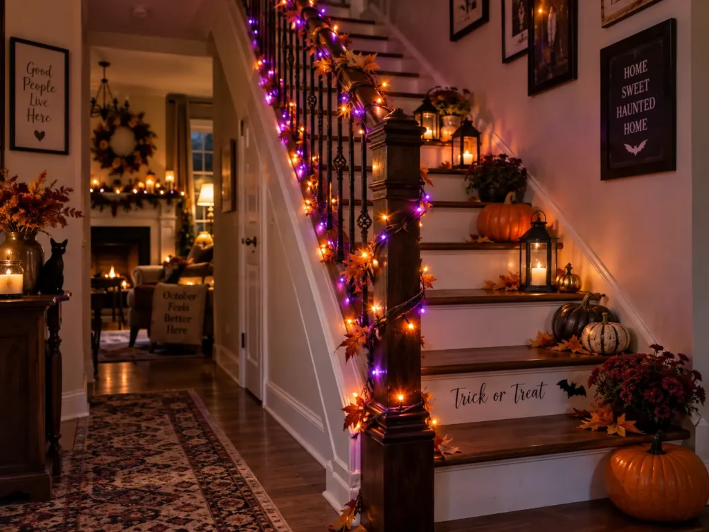Halloween String Lights _ Dazzle Bright 200 LED style lights decorating a staircase.