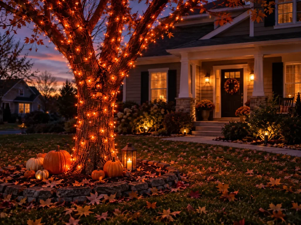 Orange Halloween outdoor lights wrapped around a tree.