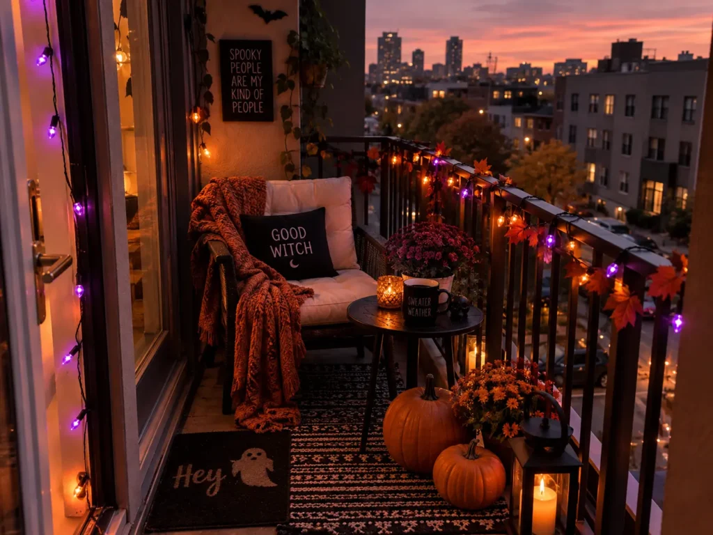Halloween lights decorating a small apartment balcony.