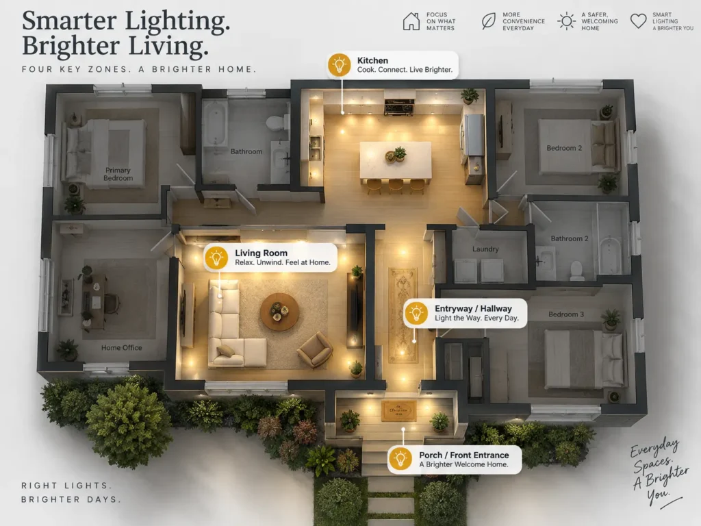 Strategic smart lighting placement in frequently used areas of a home.